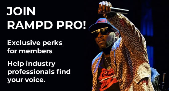 image of rapper in wheelchair, wearing a cheetah print blazer and baseball cap. He is on stage with the adjoining text: Join RAMPD Pro. Exclusive perks for members. Help industry professionals find your voice.