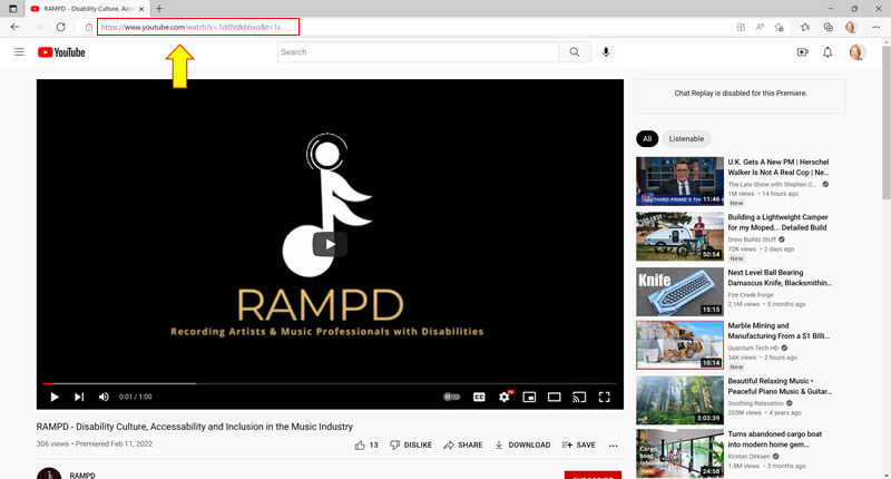 Snapshot of screen showing url address bar where youtube video link is located