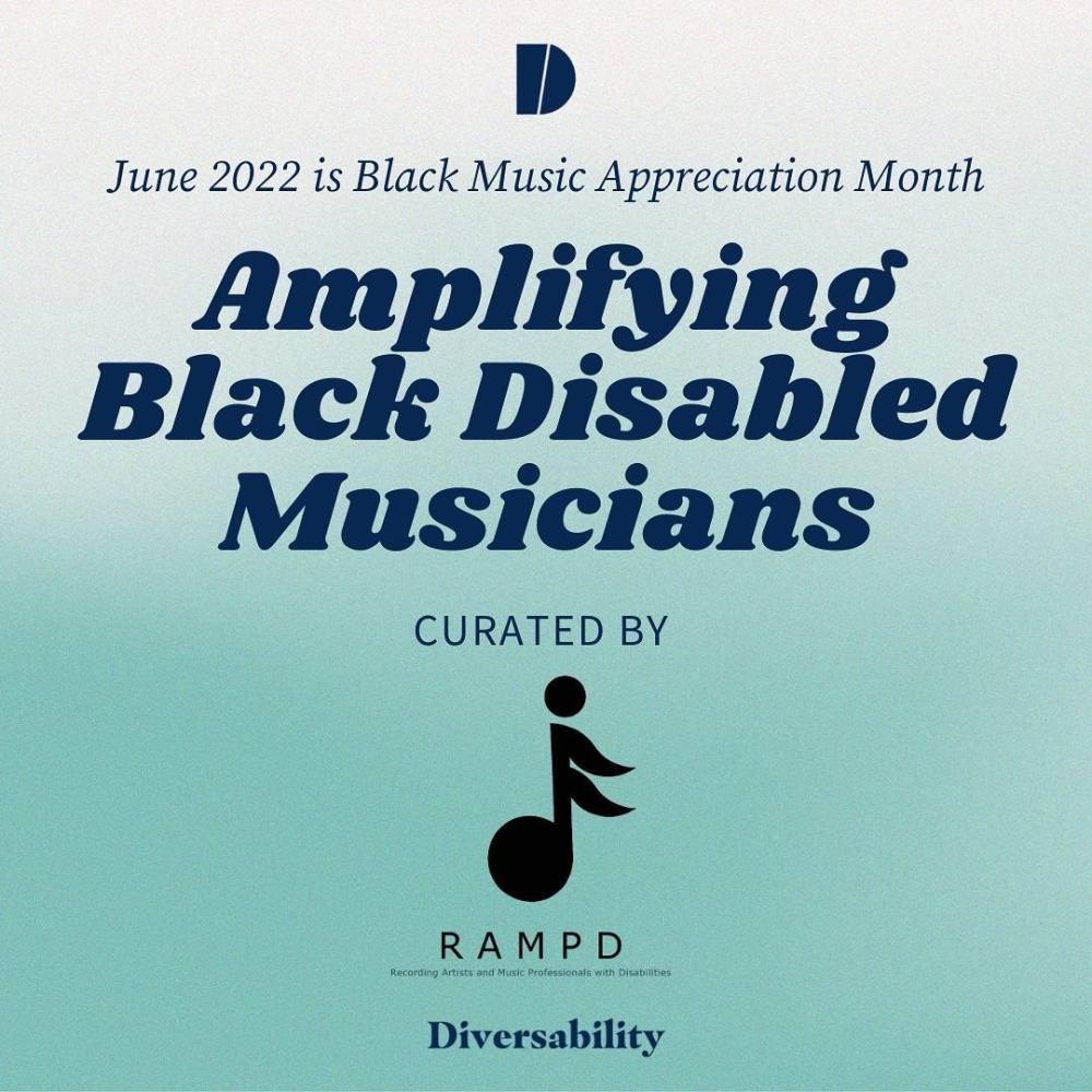 Black Disabled musicians featuring navy text on a white and teal gradient background;
