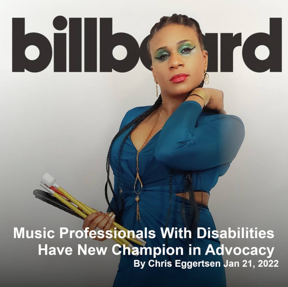 Lachi, a black woman with cornrows, wearing green makeup and a blue-green dress and jewelry, holds a folded gold glitter #WhiteCane in front of the Billboard Logo. Text reads 