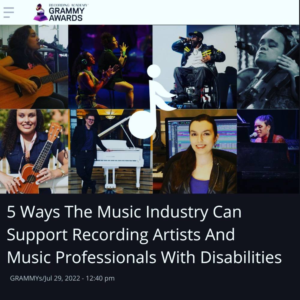 Behind the RAMPD logo, a ball above a 16th note, 8 side-by-side images of musicians with disabilities of differing race and gender
