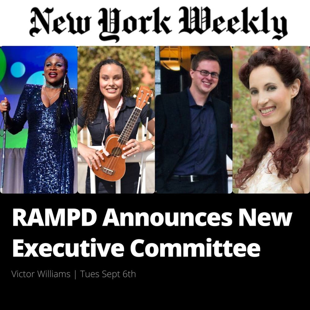 An image of the New York Weekly Logo, above four smiling faces of the exec committee members in four panels above the title 