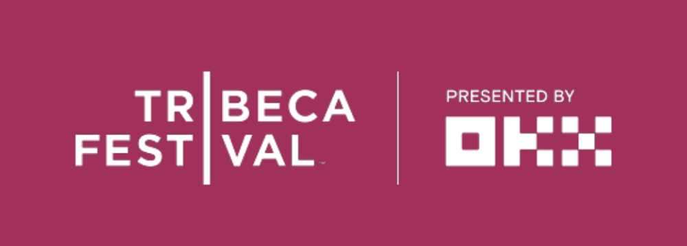 A pink and white logo with text Tribeca film festival