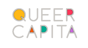 text: queer capita with yellow, red, orange, green and purple letters