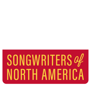 Text Logo, white text over yellow text with red background: SONA: Songwriters of North America