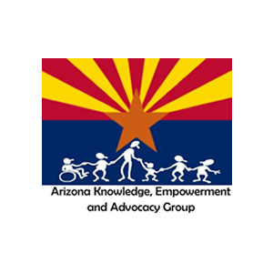 The AZ flag (a sunset in red and yellow behind a red star with a blue horizon. Along the bottom of the flag are several white icons of people holding hands, one of which is in a wheelchair. Under flag is text: Arizona Knowledge, Empowerment and Advocacy Group