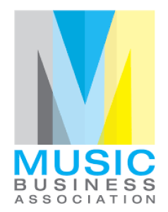Logo for Music Business Association with a large multicolor M